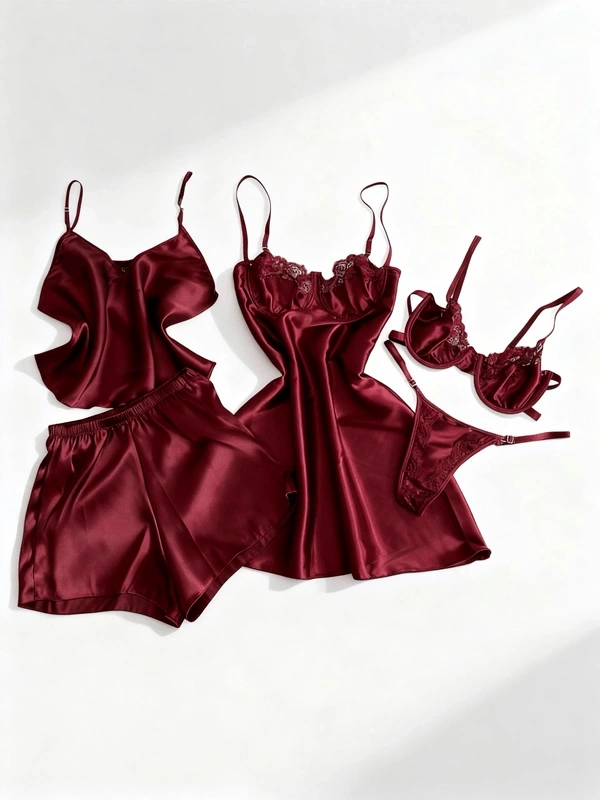 5 Parça Bordo Saten Dev Kombin