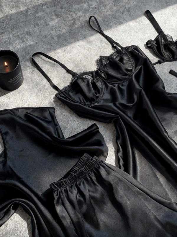 5 Parça Siyah Saten Dev Kombin