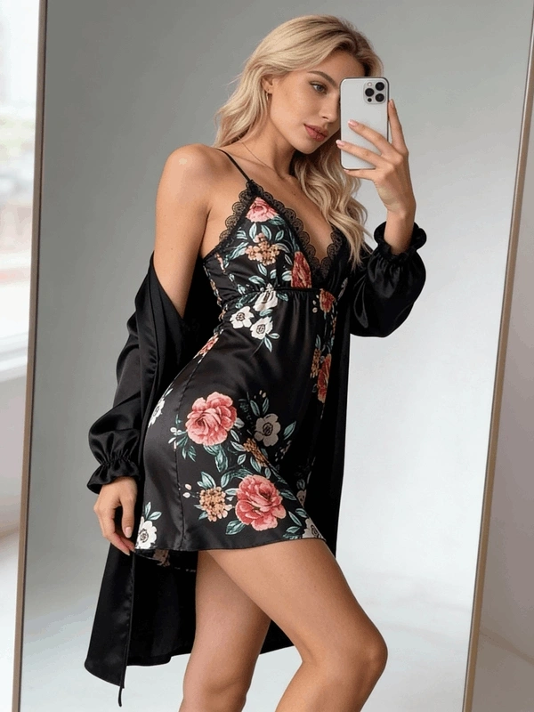 Floral Print Detailed Satin Dressing Gown Set