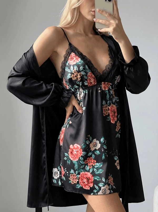 Floral Print Detailed Satin Dressing Gown Set