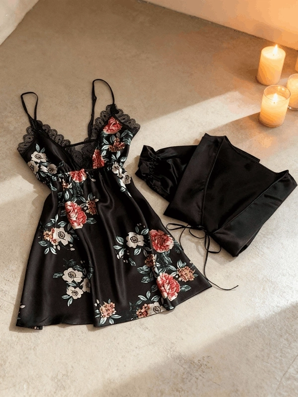 Floral Print Detailed Satin Dressing Gown Set