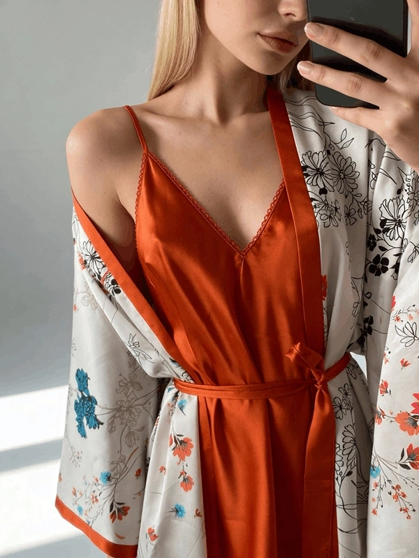 Bat Sleeve Satin Dressing Gown Set