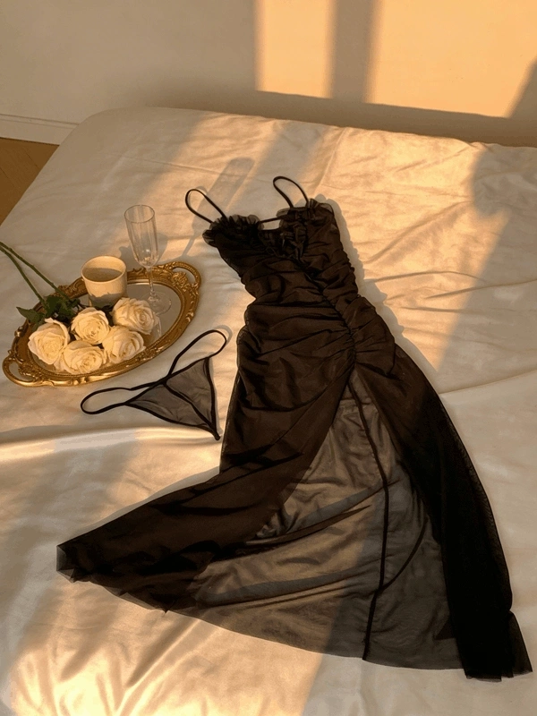 Siyah Uzun Yırtmaçlı Transparan Gecelik Takım