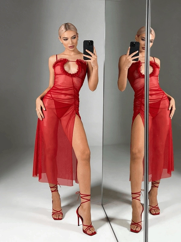 Kırmızı Uzun Yırtmaçlı Transparan Gecelik Takım