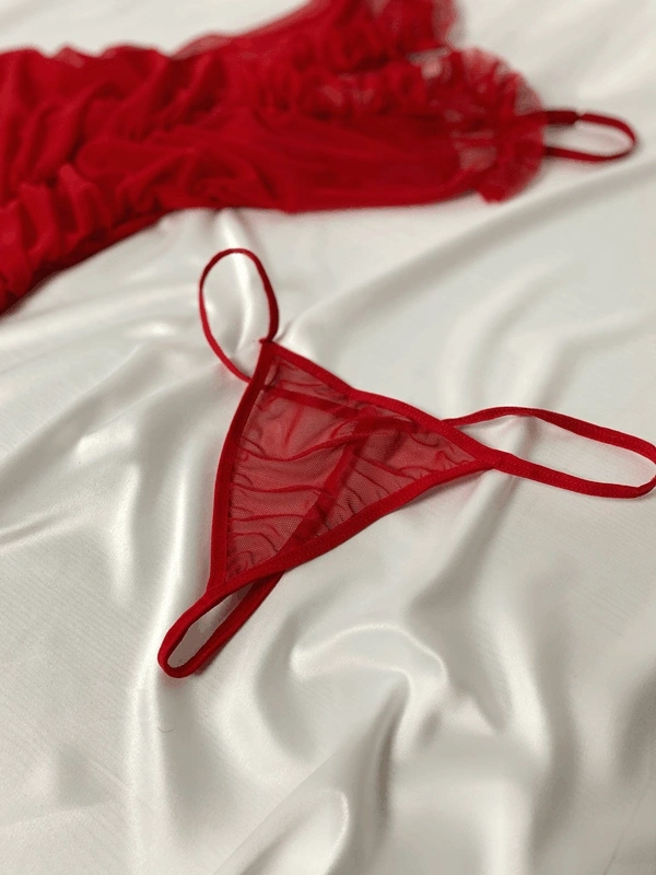 Kırmızı Uzun Yırtmaçlı Transparan Gecelik Takım