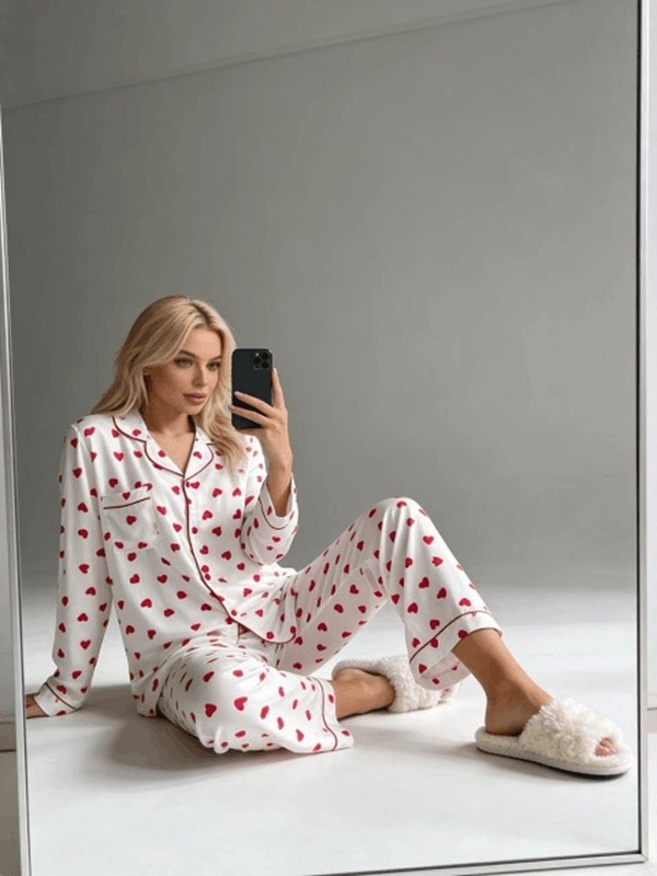 Uzun Kol Kalp Desenli Pijama Takımı