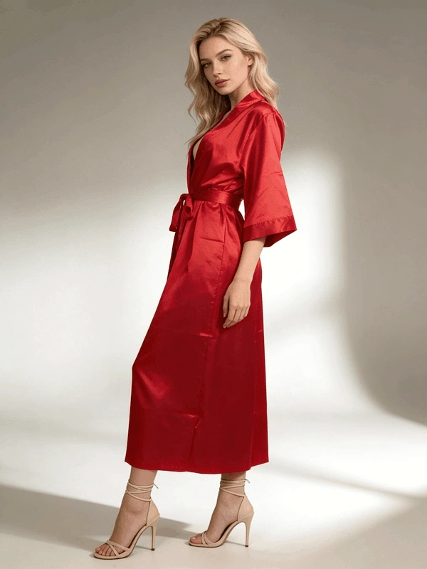 Kırmızı Fakir Kol Uzun Saten Sabahlık