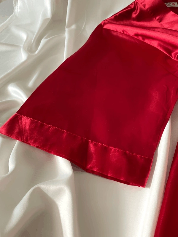 Kırmızı Fakir Kol Uzun Saten Sabahlık