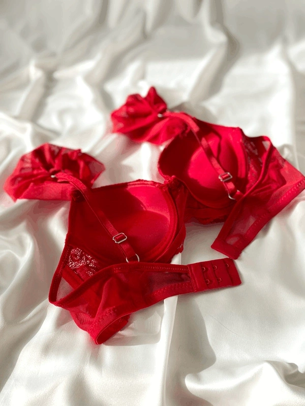 Kırmızı Kol Tül Detaylı Dantelli Destekli Sütyen Takım