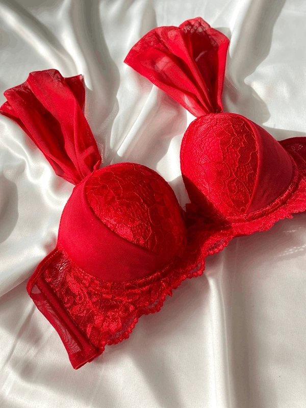 Kırmızı Kol Tül Detaylı Dantelli Destekli Sütyen Takım