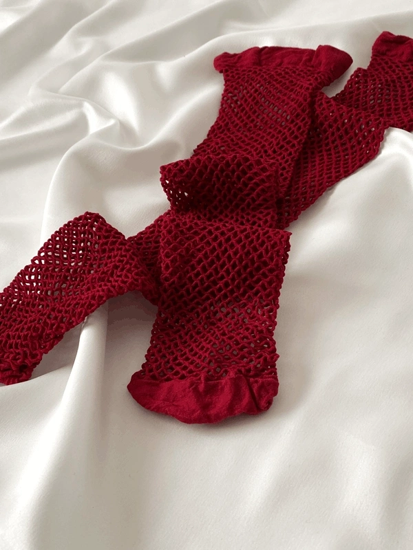 Bordo Geniş File Jartiyer Çorap