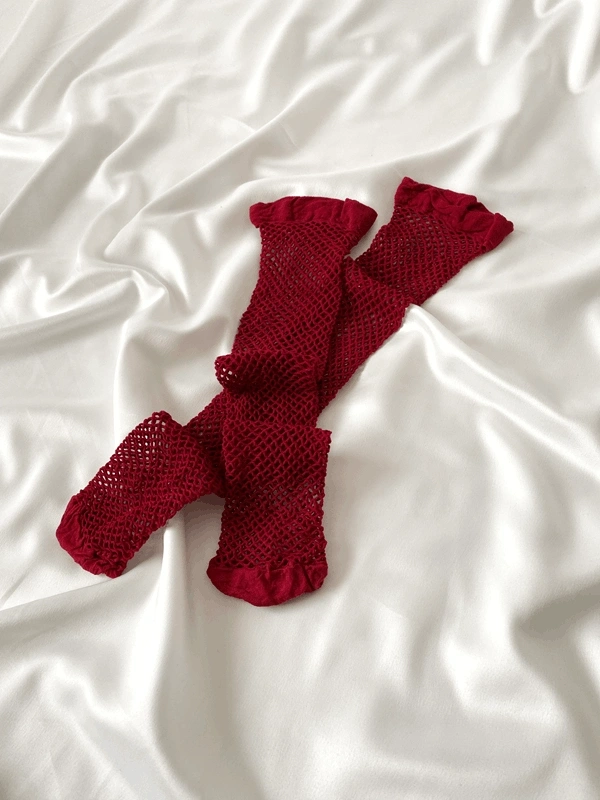 Bordo Geniş File Jartiyer Çorap