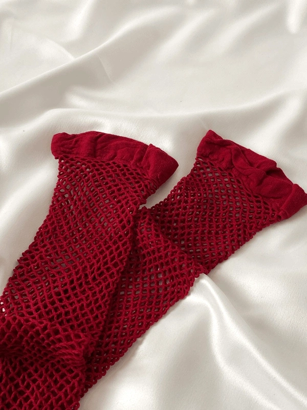 Bordo Geniş File Jartiyer Çorap