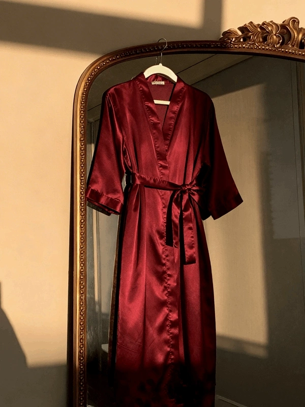 Bordo Fakir Kol Uzun Saten Sabahlık