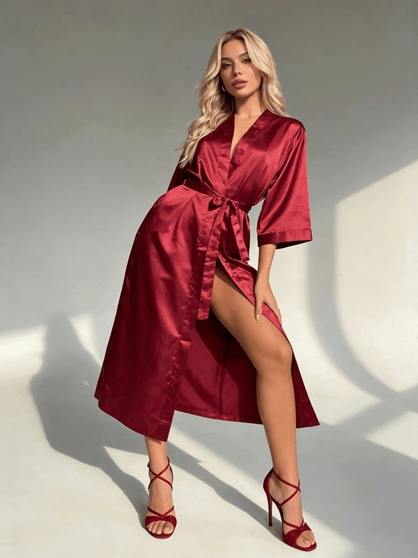 Bordo Fakir Kol Uzun Saten Sabahlık