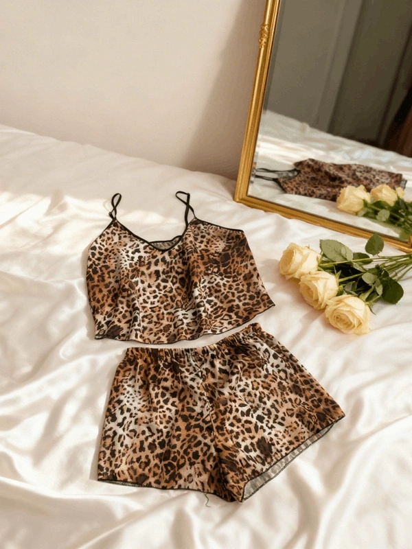 Kahverengi Leopar Askılı Saten Şortlu Takım
