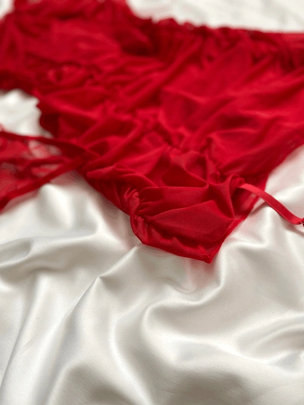 Kırmızı Kurdela Detaylı Tül Drape Jartiyer Kopçalı Gecelik