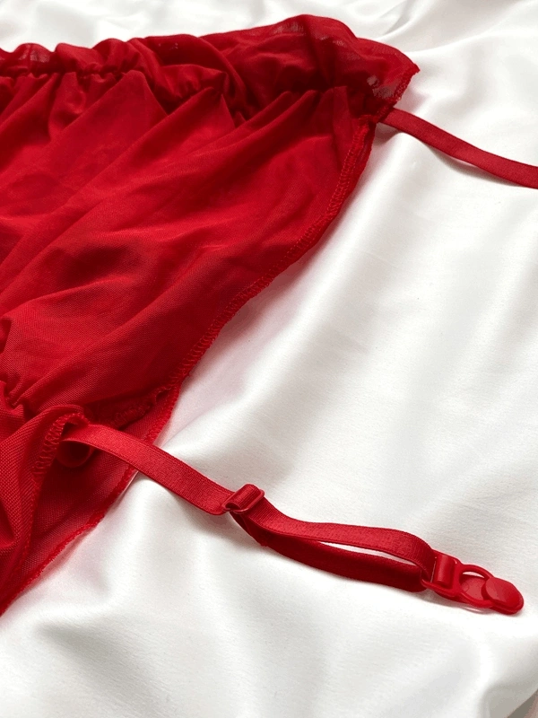 Kırmızı Kurdela Detaylı Tül Drape Jartiyer Kopçalı Gecelik