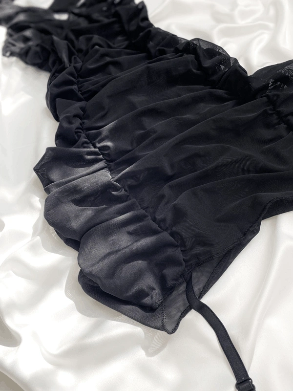 Siyah Kurdela Detaylı Tül Drape Jartiyer Kopçalı Gecelik