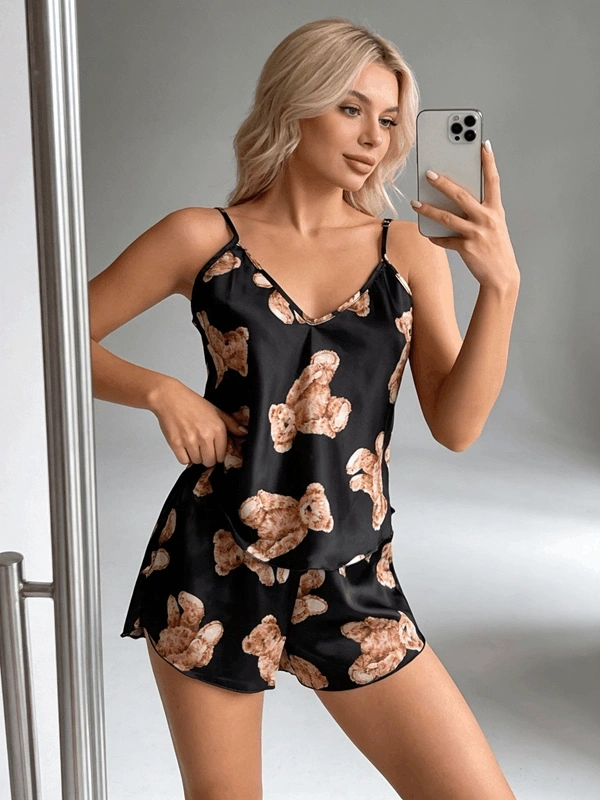 Ayı Baskılı Askılı Saten Şortlu Takım