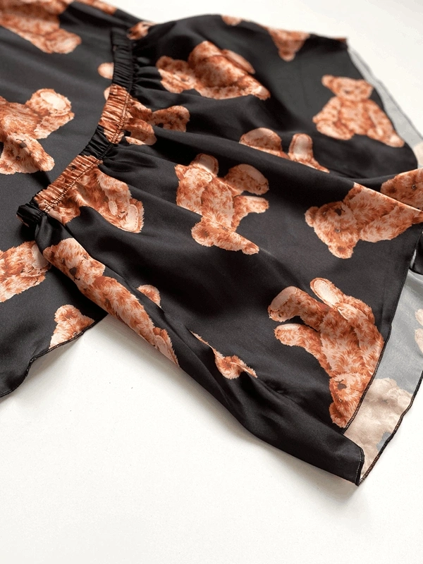 Ayı Baskılı Askılı Saten Şortlu Takım