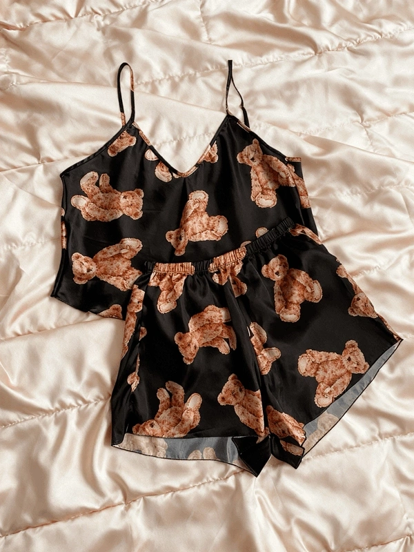 Ayı Baskılı Askılı Saten Şortlu Takım