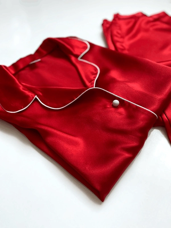 Kırmızı Biyeli Saten Uzun Kollu Pijama Takım