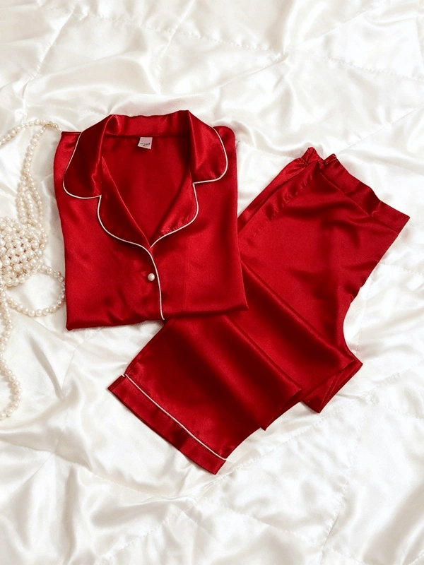 Kırmızı Biyeli Saten Uzun Kollu Pijama Takım