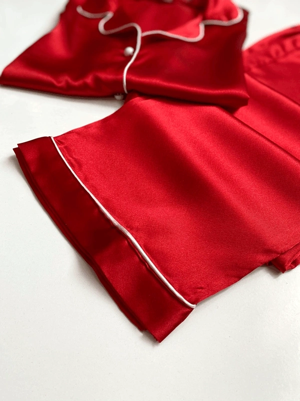 Kırmızı Biyeli Saten Uzun Kollu Pijama Takım