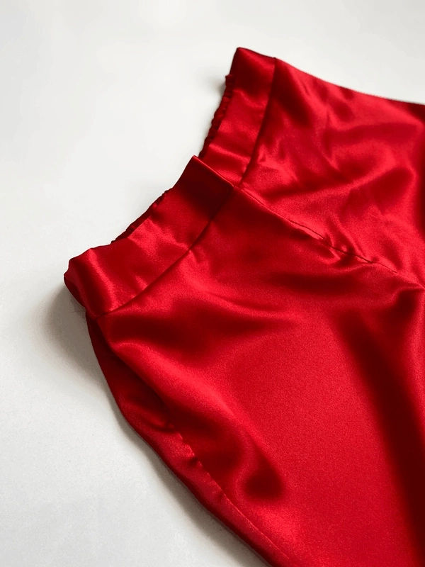 Kırmızı Biyeli Saten Uzun Kollu Pijama Takım