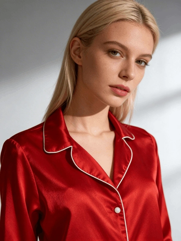 Kırmızı Biyeli Saten Uzun Kollu Pijama Takım