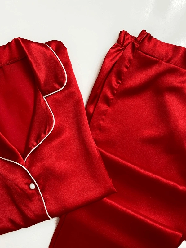 Kırmızı Biyeli Saten Uzun Kollu Pijama Takım