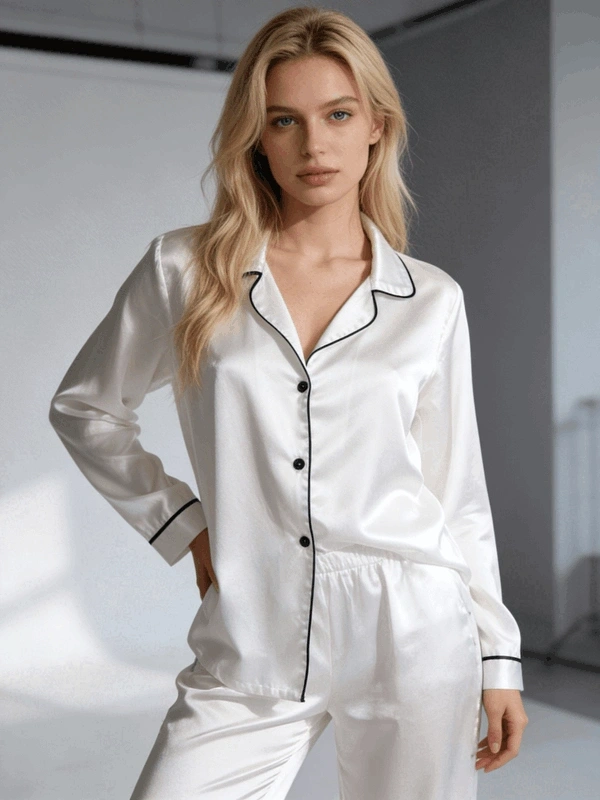 Beyaz Biyeli Saten Uzun Kollu Pijama Takım