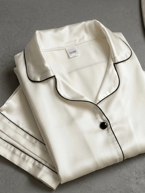 Beyaz Biyeli Saten Uzun Kollu Pijama Takım