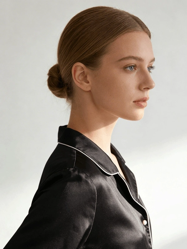 Siyah Biyeli Saten Uzun Kollu Pijama Takım