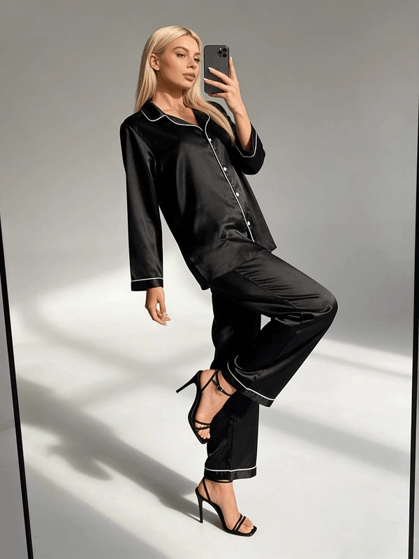 Siyah Biyeli Saten Uzun Kollu Pijama Takım