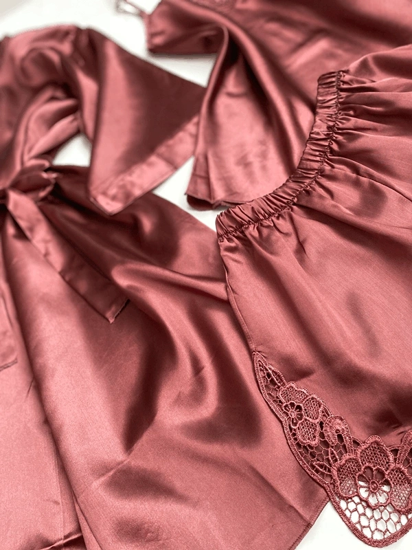 Saten Dantel Detaylı Sabahlık Şortlu Takım