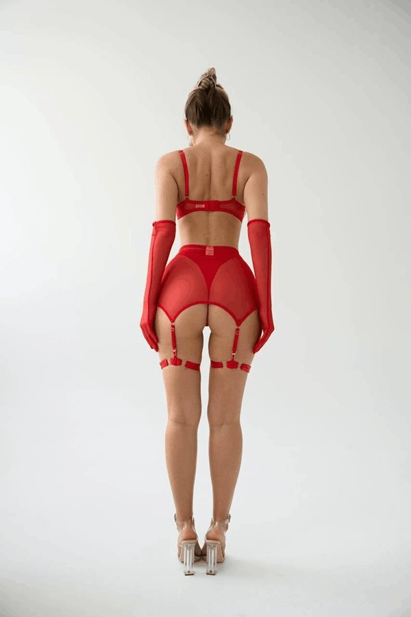 Kırmızı Kalp ve Demir Aksesuarlı Eldivenli Jartiyer Takım