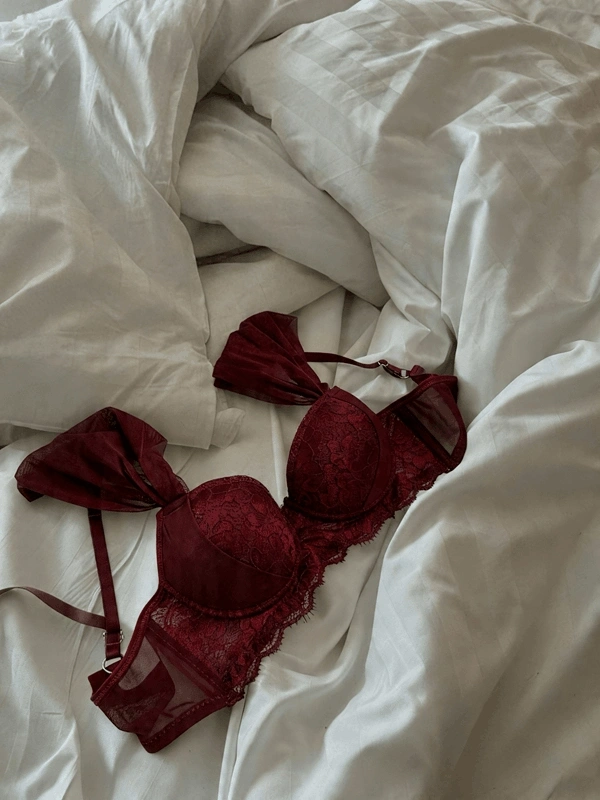Bordo Kol Tül Detaylı Dantelli Destekli Sütyen Takım