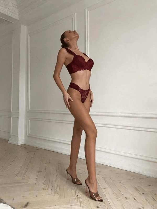 Bordo Kol Tül Detaylı Dantelli Destekli Sütyen Takım