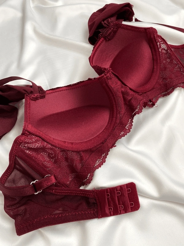 Bordo Kol Tül Detaylı Dantelli Destekli Sütyen Takım