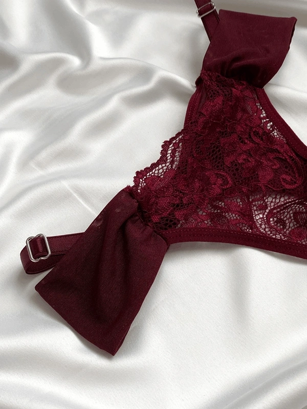 Bordo Kol Tül Detaylı Dantelli Destekli Sütyen Takım