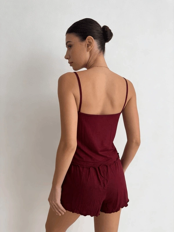 Bordo Dantel Detaylı Yumuşak Crop Şortlu Takım