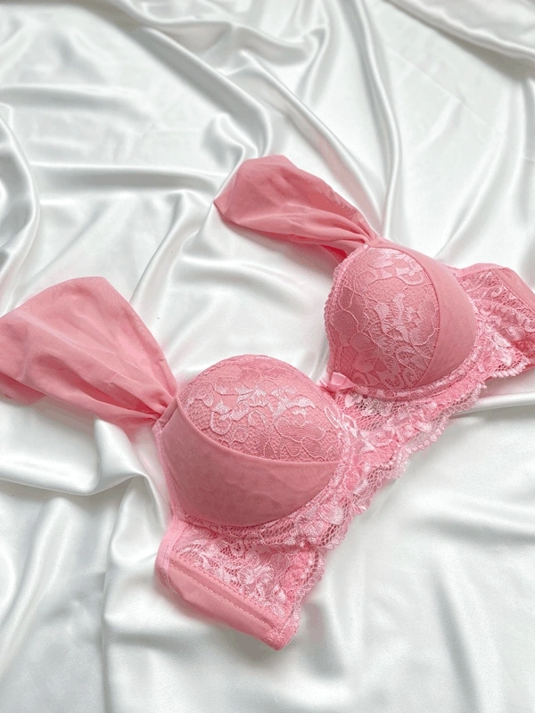 Pembe Kol Tül Detaylı Dantelli Destekli Sütyen Takım