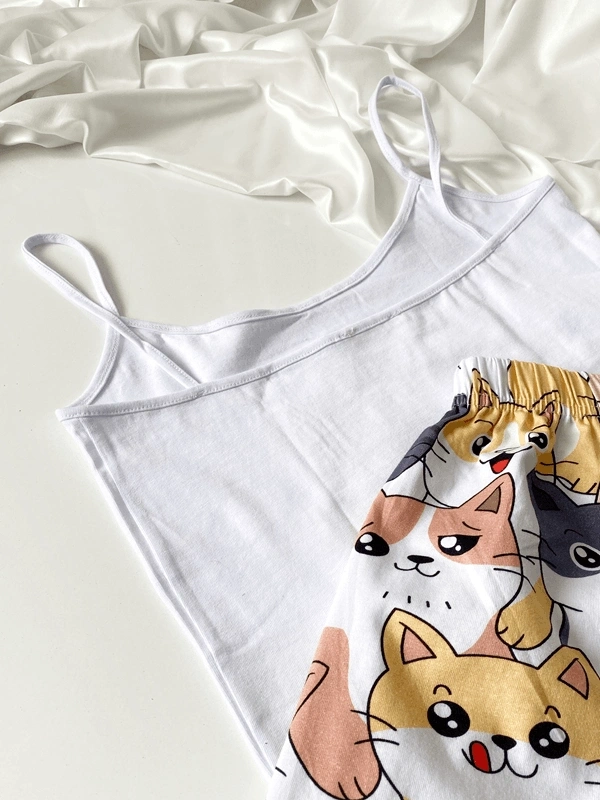 Kedi Baskılı Pamuklu Şortlu Takım