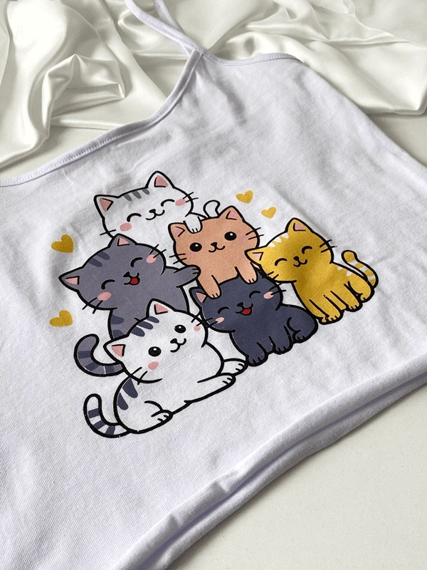 Kedi Baskılı Pamuklu Şortlu Takım