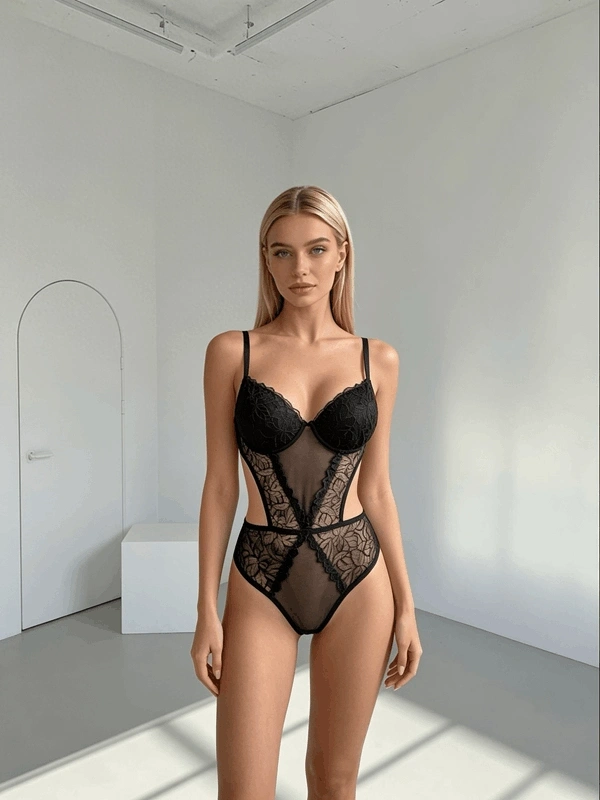 Siyah Destekli Dantel Detaylı Bodysuit