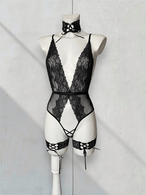 Adjustable Ribbon Detailed Collar Set & Private Area Open Lace Detailed Bodysuit Combination