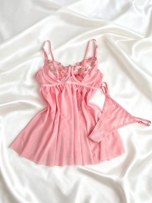 Balenli Çiçekli Brode Babydoll Takım