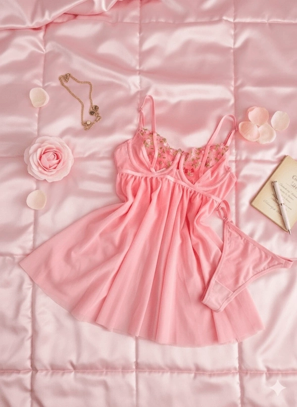Balenli Çiçekli Brode Babydoll Takım